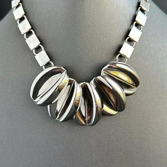 VTG Modernist Unique Shiny Chrome Necklace Chunky Bookchain Statement Tribal - Picture 7 of 7